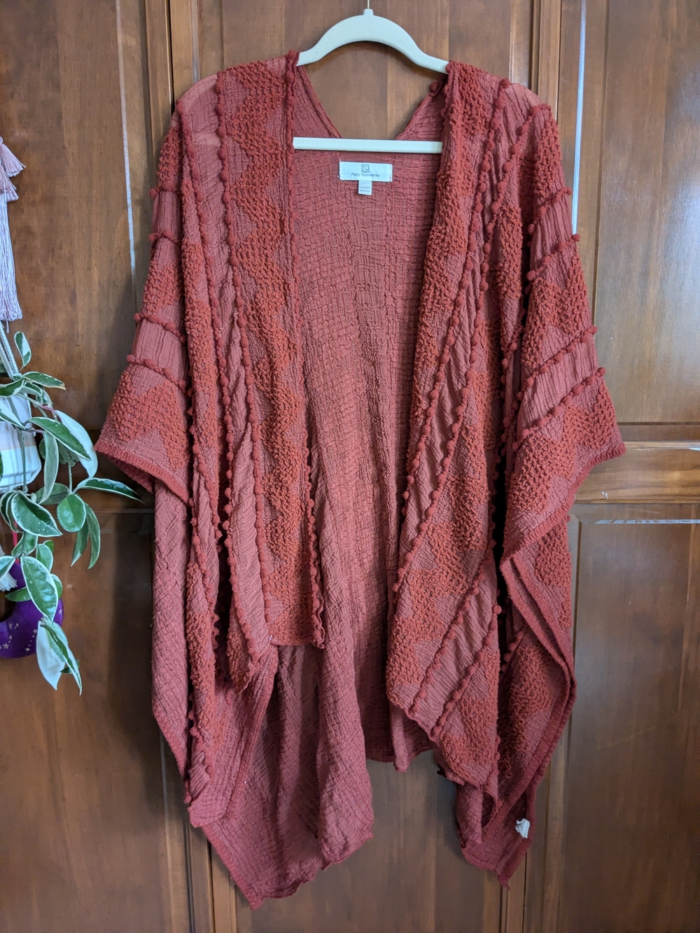 Textured Open-Front Knit Cardigan Sweater - Rust